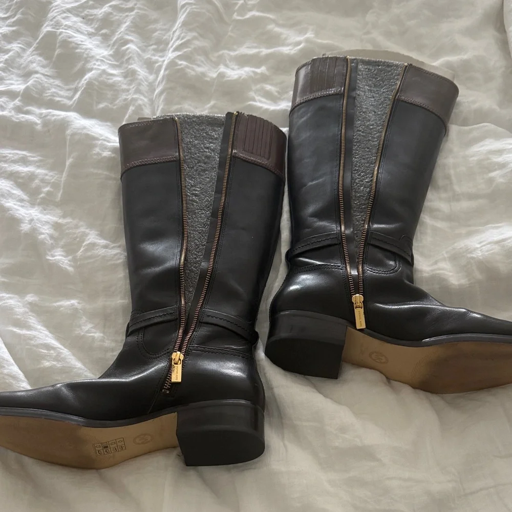 Michael Kors Black and Brown Leather Boots with Gold Accents - Picture 5 of 5